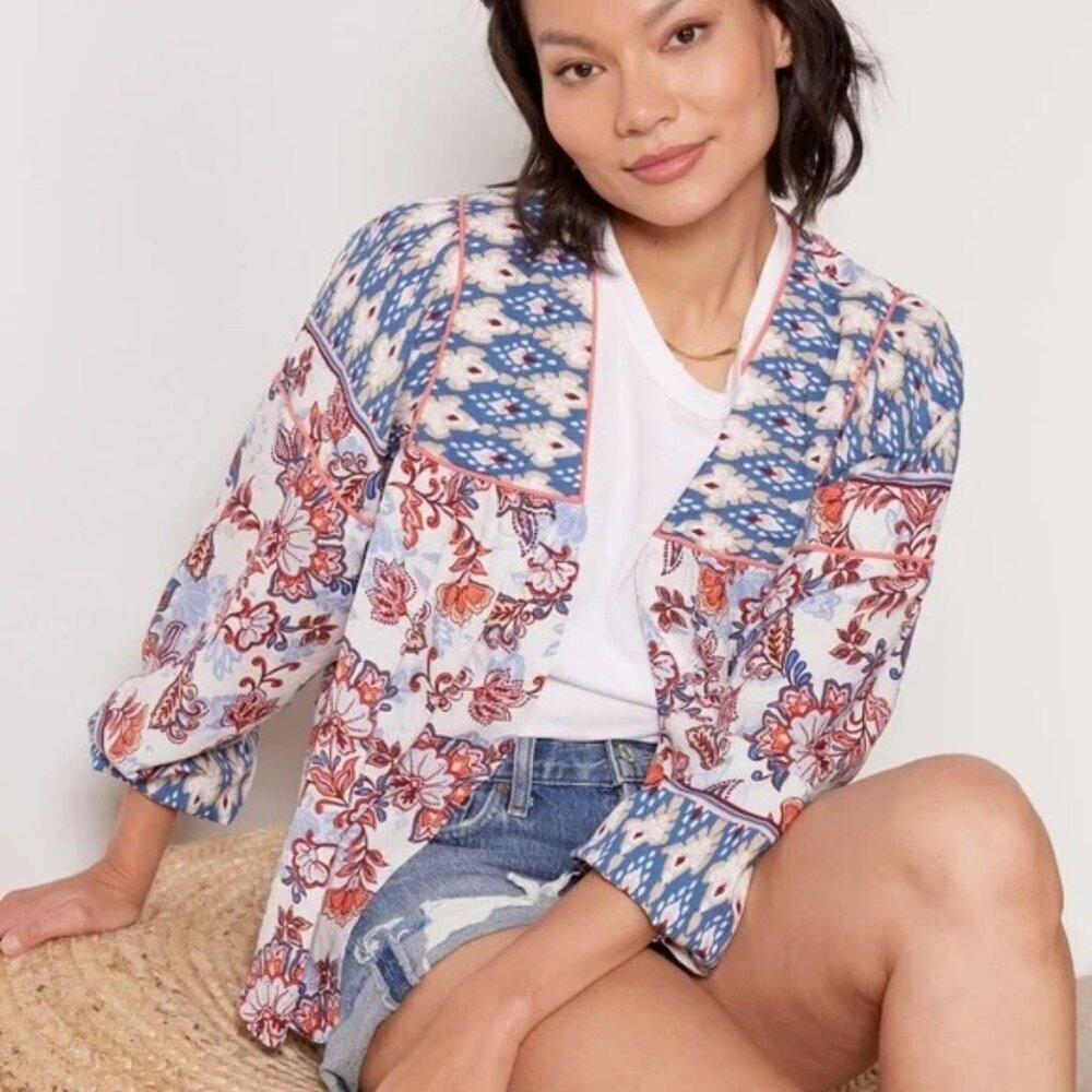 Evereve Penny Floral Open Front Wrap Cardigan Boho Festival Colorful Loud XS/S